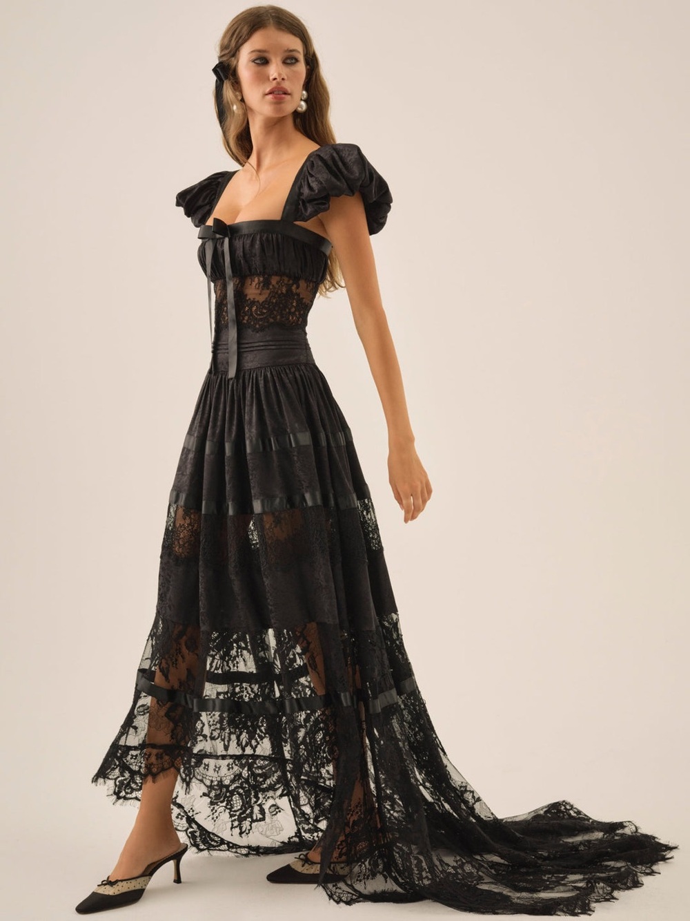 $749 NWT For Love And Lemons “Annabelle” Lace Maxi Dress in Black Sz 6